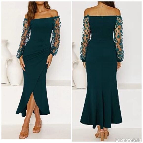 Elegant Off Shoulder Sheer Mesh Long Sleeve Ruched Criss Cross Split Bodycon - Picture 1 of 13